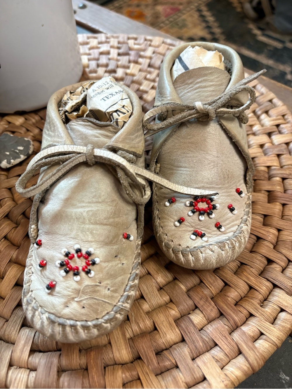 Vintage Leather Baby Moccasins in Light Beige with Red Bead Detail